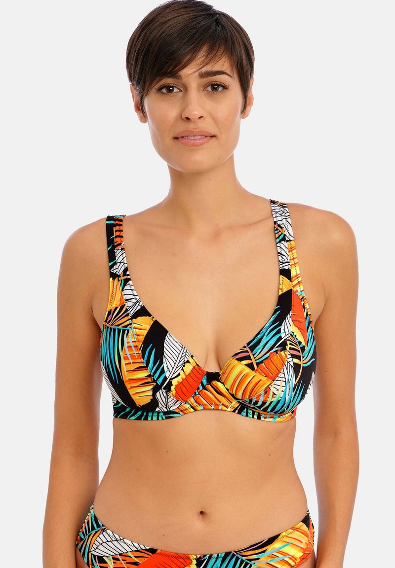 Multikleurige bikini met levendige tropische patronen in oranje, blauw en zwart, ontworpen met brede bandjes en een driehoekige cupvorm.
