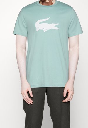 Homme portant un t-shirt bleu-vert clair avec un logo de crocodile blanc et un pantalon gris foncé, debout avec les mains relâchées sur les côtés.