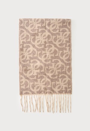 Écharpe beige et marron clair à motifs avec des formes abstraites imbriquées et des extrémités à franges sur fond blanc uni.