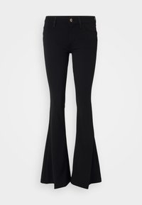 Pantaloni neri a palazzo con vita aderente, realizzati in tessuto elasticizzato, con tasche anteriori e posteriori, e chiusura con bottone metallico anteriore.