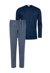 Marineblauw longsleeve shirt met een borstzak, gecombineerd met bijpassende gestreepte pyjamabroek in donkerblauw met witte verticale strepen. Zachte stof.