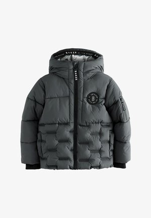 Dunkelgraue wattierte Winterjacke mit Kapuze, Frontreißverschluss, zwei Fronttaschen und einem runden Logo-Patch auf der Brust.