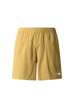 Gele zwemshorts van nylon met een elastische tailleband, voorzien van een klein logo aan de rechteronderkant en een gladde textuur.