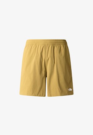 Gele zwemshorts van nylon met een elastische tailleband, voorzien van een klein logo aan de rechteronderkant en een gladde textuur.