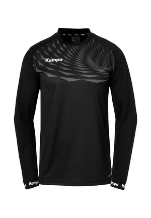 Black long-sleeve sports shirt with gray geometric swirl pattern on chest, "Kempa" logo on chest and cuffs, round neck collar.