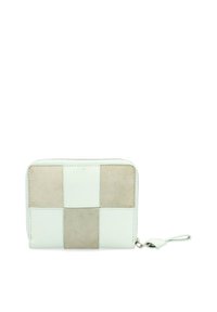Zip-around wallet made of textured white and beige leather panels. Features a flat wrist strap and square patchwork design.