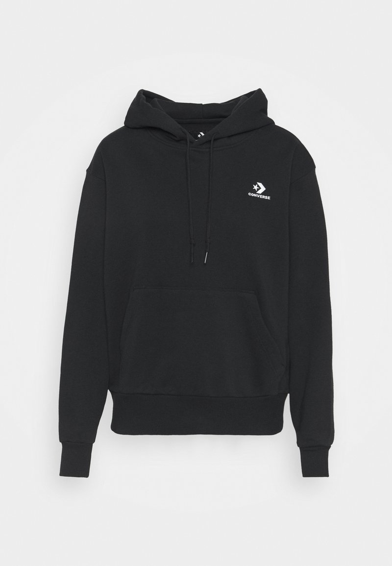 Sweat à capuche noir Converse avec poche avant, capuche à cordon, poignets côtelés et petit logo blanc sur le côté gauche de la poitrine.