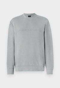 Light gray sweatshirt with a crew neckline, featuring embossed "ARMANI EXCHANGE" text across the front and ribbed cuffs and hem.
