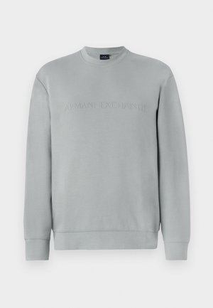 Hellgrau Sweatshirt mit Rundhalsausschnitt, ausgestellt mit geprägtem "ARMANI EXCHANGE" Text auf der Vorderseite sowie gerippten Bündchen und Saum.