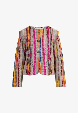 Chaqueta tejida multicolor con rayas verticales en rosa, naranja, azul y beige. Incluye tres botones prominentes y mangas largas.