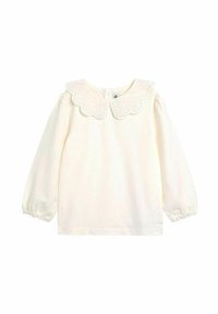 Cremfarbene Bluse mit langen Ärmeln, einem gewellten Lochmusterkragen, elastischen Bündchen und einem Knopfverschluss im Rücken. Aus weichem Baumwollstoff.