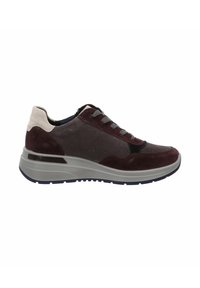 Maroon and gray sneaker with suede and smooth textures, featuring rounded toe, gray laces, padded collar, and a chunky light gray sole.