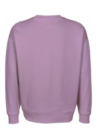 Lilakinsävyinen pyöreäkauluksinen collegepaita, löysä malli, pitkät hihat, resorit hihansuissa ja helmassa, sileä pinta, minimalistinen muotoilu, ei kuvioita tai koristeita näkyvissä.