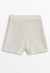Light gray knitted shorts with an open weave pattern. The waistband is smooth and elastic. The shorts have a loose, relaxed fit.