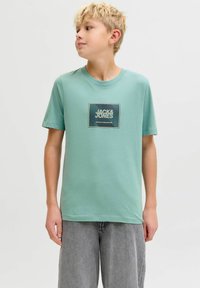 Mintgroen T-shirt met korte mouwen gemaakt van katoen, met een rechthoekige marineblauwe print met "JACK & JONES" in witte letters. Casual fit.