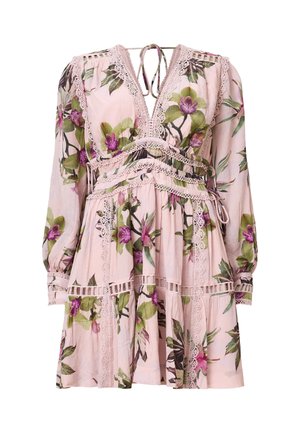 Floral-patterned dress in pink and green, featuring long sleeves, a V-neck, lace trims, and a tie at the back. Tiered ruffle hem detail.