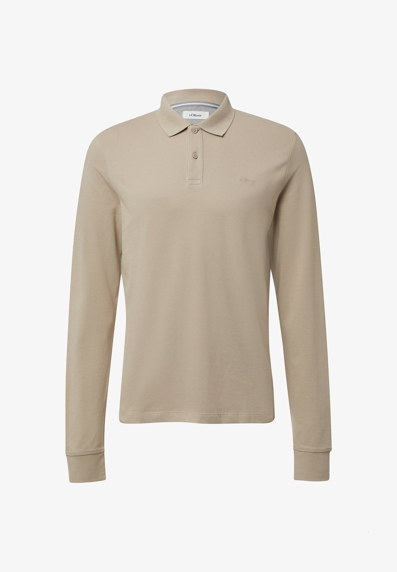 Beige Langarm-Polo-Shirt aus weicher Baumwolle, mit klassischem Kragen, Zwei-Knopf-Leiste und einem dezenten Logo auf der Brust.