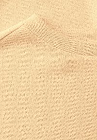 Beige pletená látka s texturovaným povrchem. Kulatý výstřih s ribovaným lemem a jemnými variacemi v tkalcovském vzoru. Měkká a hladká textura.