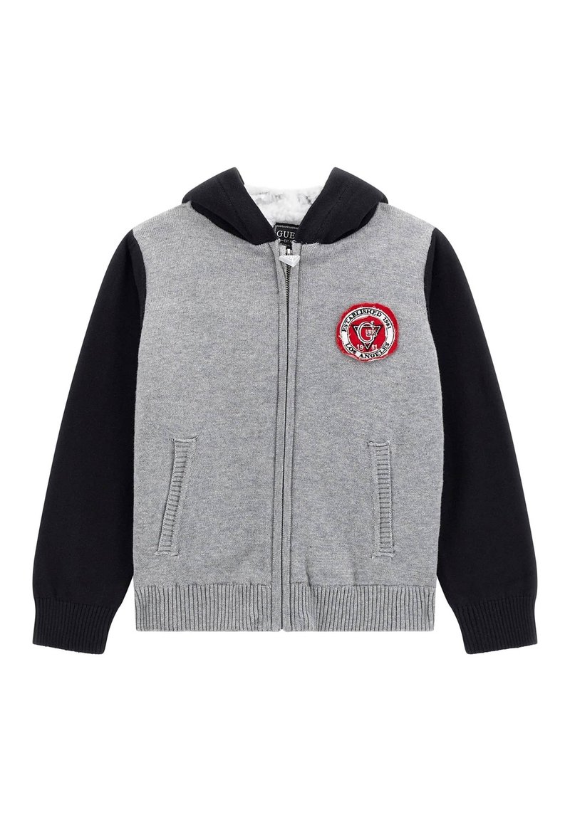 Felpa con zip grigia, maniche nere e logo circolare rosso. Presenta una morbida fodera interna, tasche frontali e polsini a costine.