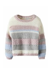 Megztinis mezginys su pastelinėmis juostelėmis rožinės, pilkos, mėlynos ir kreminės spalvų. Laisvo silueto, apvalia iškirpte ir tekstūruota medžiaga.