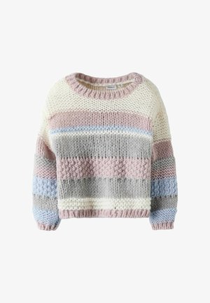 Gebreide trui met pastelkleurige strepen in roze, grijs, blauw en crème. Losse pasvorm met een ronde hals en gestructureerde stof.