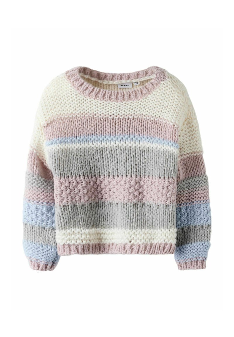 Megztinis mezginys su pastelinėmis juostelėmis rožinės, pilkos, mėlynos ir kreminės spalvų. Laisvo silueto, apvalia iškirpte ir tekstūruota medžiaga.