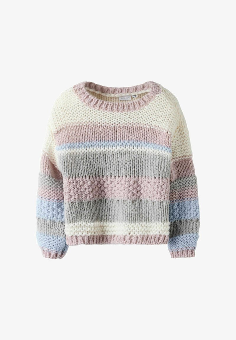 Džemper od pletenine s pastelno prugastim uzorkom u ružičastoj, sivoj, plavoj i krem boji. Raširenog kroja s okruglim izrezom i teksturiranim materijalom.