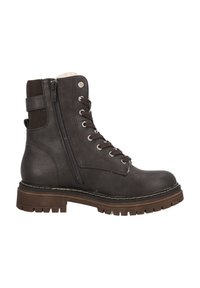 Brown leather ankle boot with a rugged sole, lace-up front, side zipper, and ribbed textile panel at the heel. Stitched detailing along the sole.