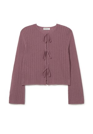 Cardigan en maille mauve avec des manches longues et trois nœuds à l'avant, présentant un délicat motif ajouré.