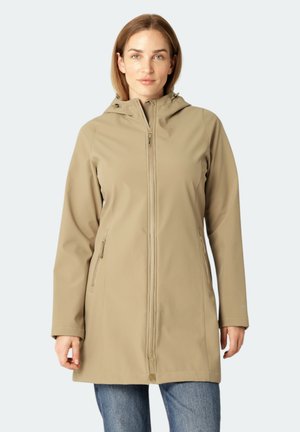 Beige waterdichte jas met capuchon, ritssluiting aan de voorkant en zijzakken. Heeft een zachte textuur en een knielange pasvorm.