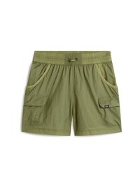 Olive green shorts made from lightweight fabric, featuring an elastic waistband, two side pockets, and one cargo pocket on the left side.