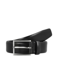 Zwarte leren riem met een gladde afwerking, rechthoekige zilveren metalen gesp en een taps toelopend ontwerp. Geen zichtbare patronen of accenten.