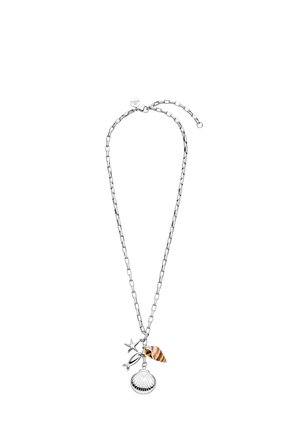 Silver chain necklace with starfish, fish, shell, and brown-striped sea shell charms on a white background.