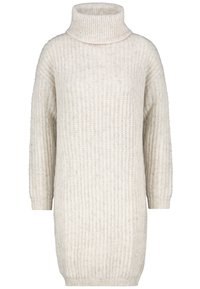 Hellbeige gestricktes Sweatkleid mit hohem Kragen, gerippter Textur, oversized Passform und Dreiviertelärmeln. Glatte Oberfläche.