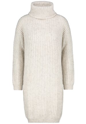 Lichtbeige gebreide trui-jurk met een hoge kraag, geribbelde textuur, oversized pasvorm en driekwartmouwen. Gladde afwerking.