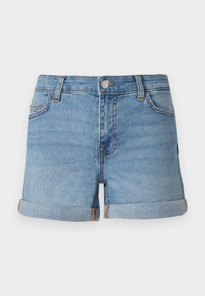 Helle Jeans-Shorts in Blau mit umgeschlagenen Säumen, einem vorderen Knopfverschluss und einem Fünf-Taschen-Design mit kontrastierenden Steppnähten.