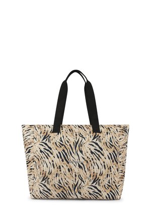 Sac fourre-tout avec un motif animal abstrait beige et noir. Fabriqué en tissu durable, il possède de solides poignées noires et une forme structurée.