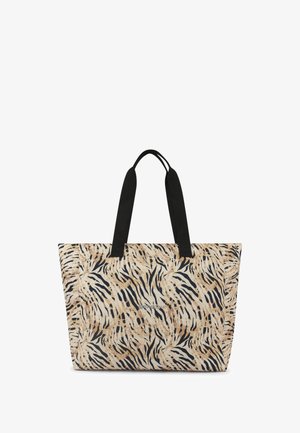 Bolso tote con un estampado animal abstracto en tonos beige y negro. Elaborado con tela resistente, cuenta con asas negras robustas y una forma estructurada.