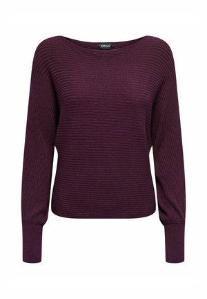 Pull à manches longues en rib en violet profond, avec un large décolleté et une texture douce. Fabriqué en tissu tricot confortable.