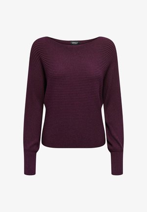 Sweter z długim rękawem, prążkowany, w głębokim fioletowym kolorze, z szerokim dekoltem i miękką fakturą. Wykonany z wygodnej dzianiny.