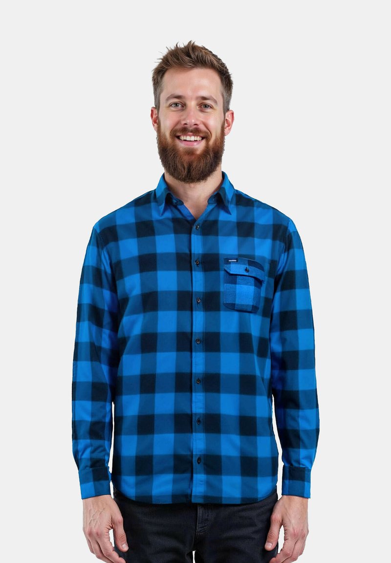 Camisa de cuadros azul y negra para hombre, de manga larga, con diseño de botones, que presenta un bolsillo en el lado izquierdo del pecho con un material texturizado.