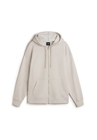 Beige Reißverschluss-Hoodie mit Fronttaschen, Kordelzugkapuze, gerippten Bündchen und dezentem, auf der Brust gesticktem Logo.