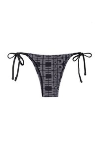 Musta ja harmaa bikinitoppi, jossa on geometrinen kuvio, säädettävillä sivuvetoketjuilla ja matalalla leikkauksella. Valmistettu sileästä, joustavasta kankaasta.