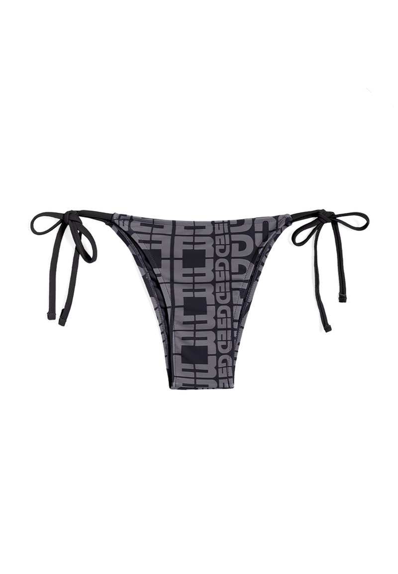 Musta ja harmaa bikinitoppi, jossa on geometrinen kuvio, säädettävillä sivuvetoketjuilla ja matalalla leikkauksella. Valmistettu sileästä, joustavasta kankaasta.