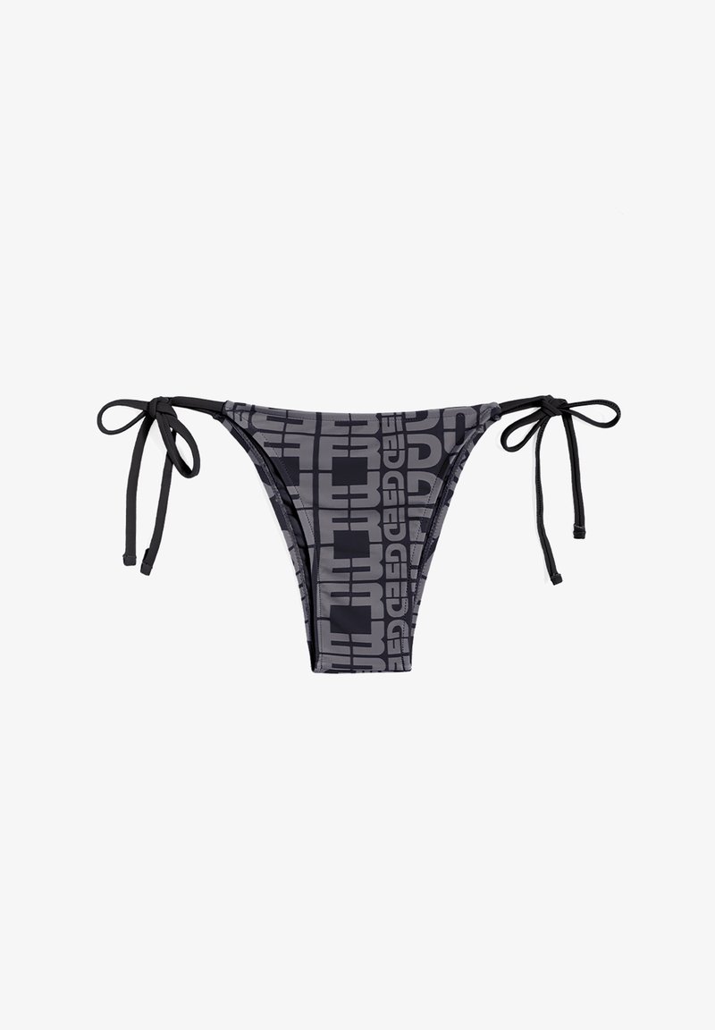 Musta ja harmaa bikinitoppi, jossa on geometrinen kuvio, säädettävillä sivuvetoketjuilla ja matalalla leikkauksella. Valmistettu sileästä, joustavasta kankaasta.