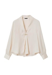 Blusa crema con strisce verticali dorate, design a V, tessuto morbido, maniche lunghe con polsini e un accento metallico all'apertura frontale.