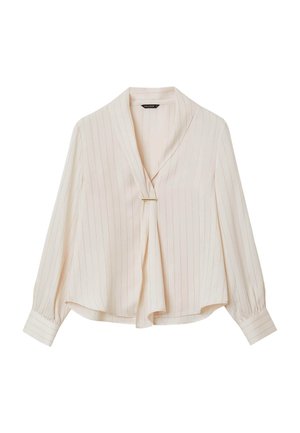 Blusa crema con strisce verticali dorate, design a V, tessuto morbido, maniche lunghe con polsini e un accento metallico all'apertura frontale.