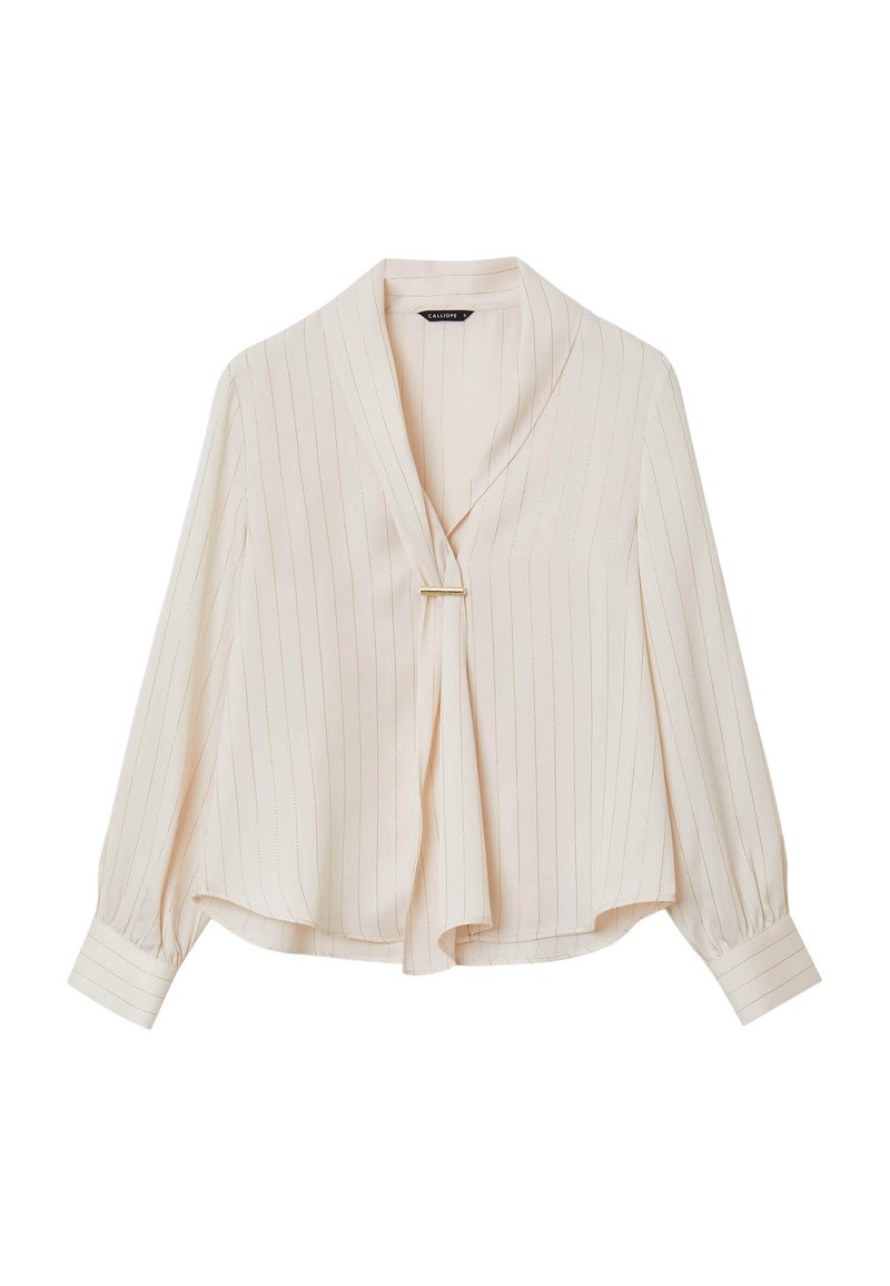 Blusa crema con strisce verticali dorate, design a V, tessuto morbido, maniche lunghe con polsini e un accento metallico all'apertura frontale.