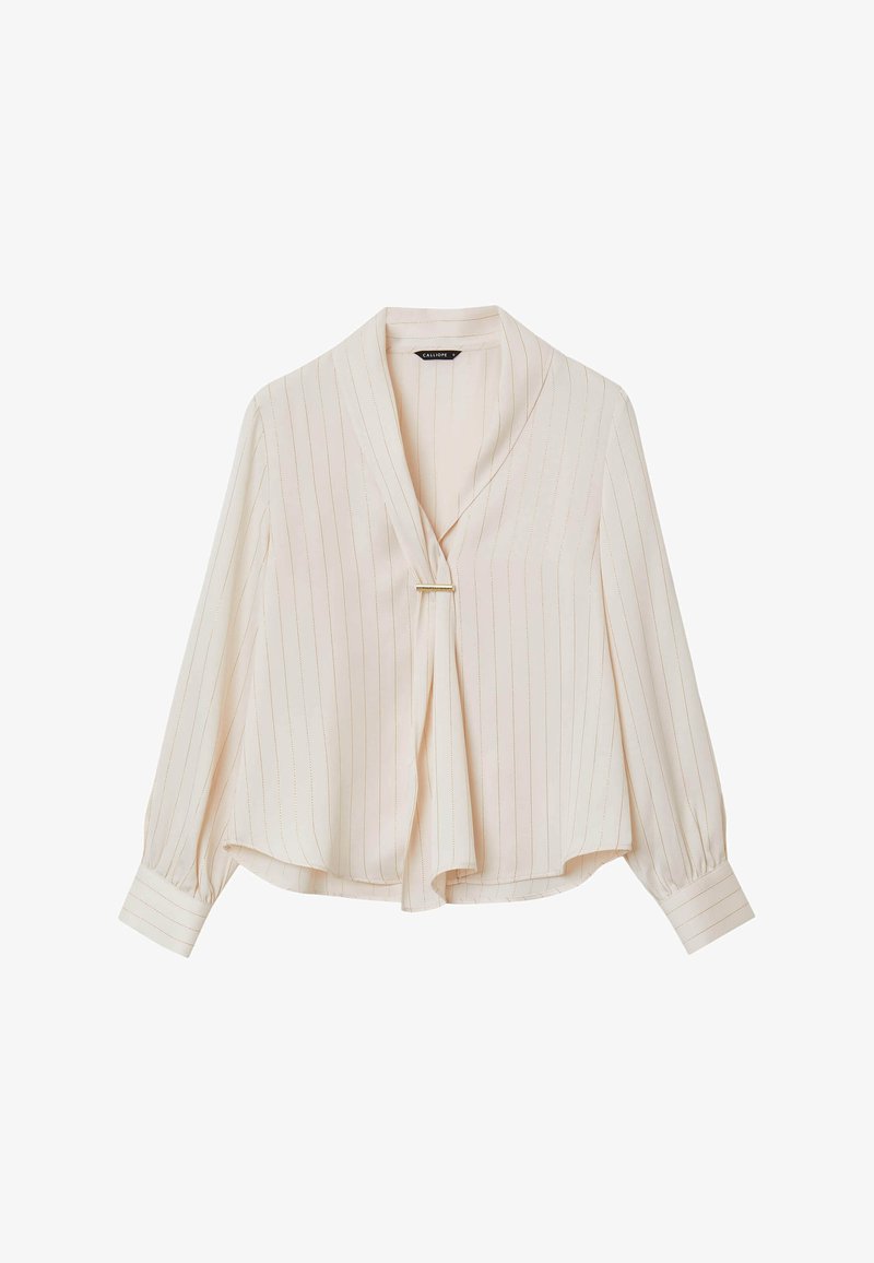 Blusa crema con strisce verticali dorate, design a V, tessuto morbido, maniche lunghe con polsini e un accento metallico all'apertura frontale.