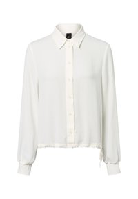 Weiße langärmelige Bluse mit Knopfverschluss, Kragen und Kordelzugsaum, mit umgeschlagenen Ärmeln und einem glatten, leichten Stoff.